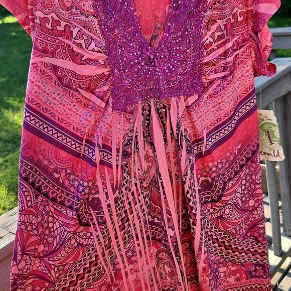Oneworld Embellished Boho Tunic Top XL Coral Pink Multicolor Paisley Print - Picture 3 of 8